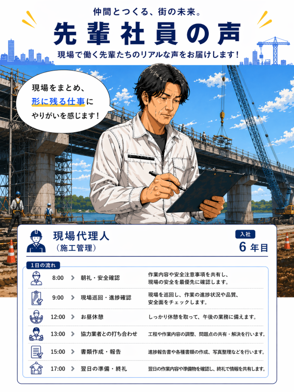 作業服の男性のイラストと現場代理人の一日の流れが掲載された画像