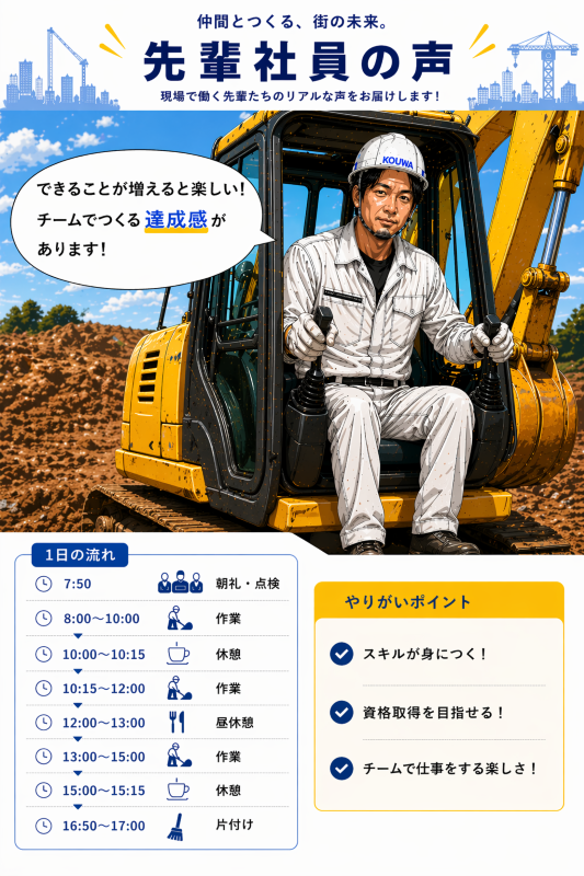 重機に乗る作業服の男性のイラストと一日の流れとやりがいポイントが掲載された画像