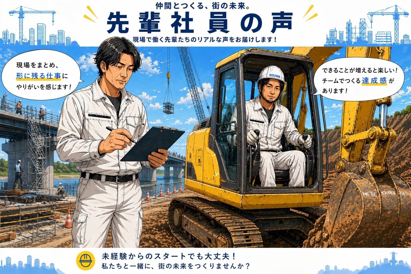 作業服を着た人物が工事現場にいるイラスト